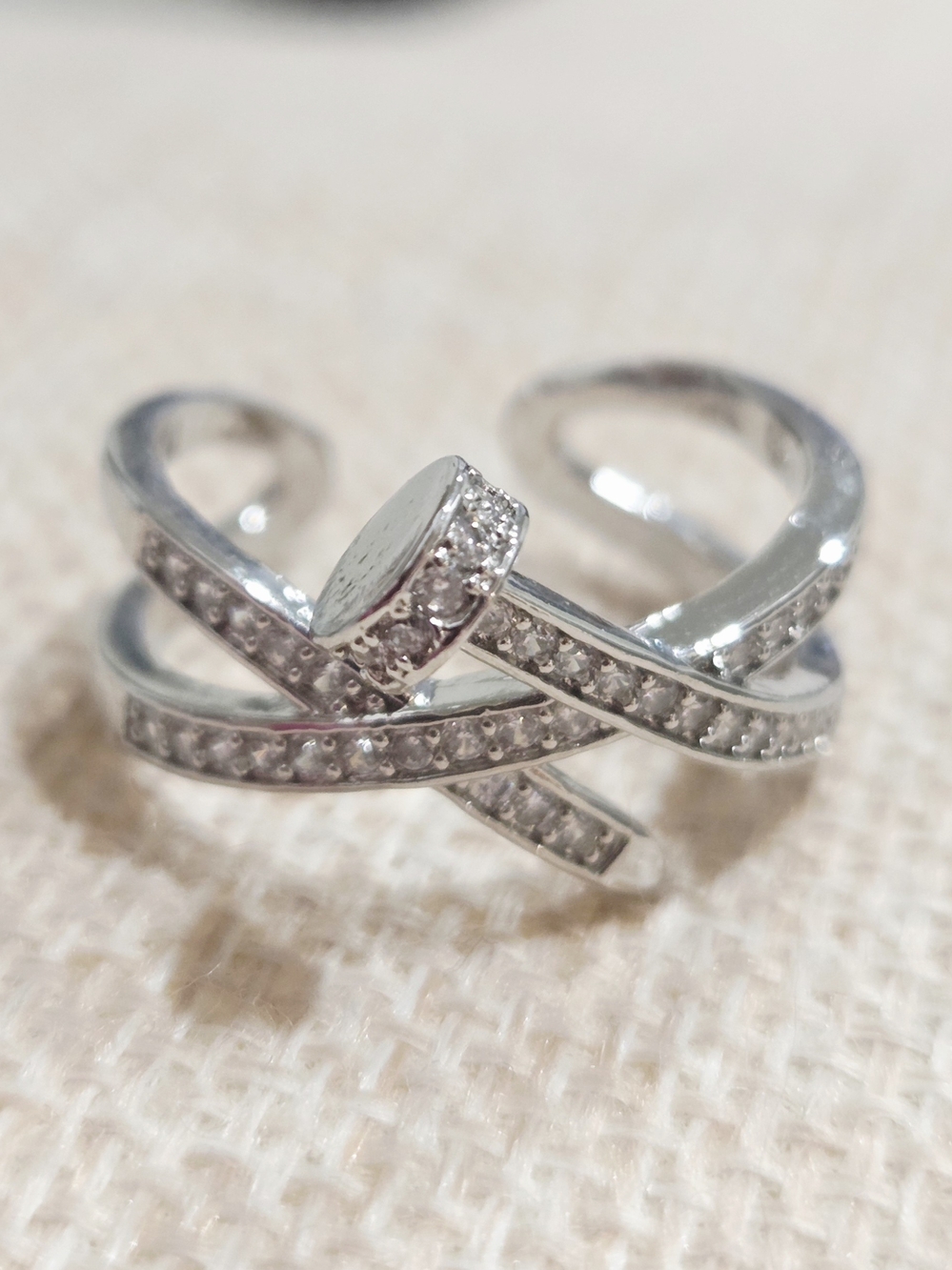 Silver Tone Crisscross Pave Open Ring